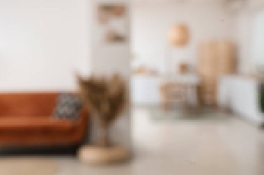 Oturma odası ve mutfağı bulanık manzaralı şık bir stüdyo daire.