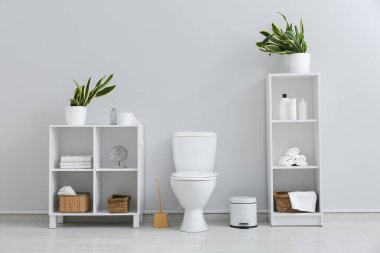 Seramik klozet, çöp tenekesi, fırça ve raf üniteleri.