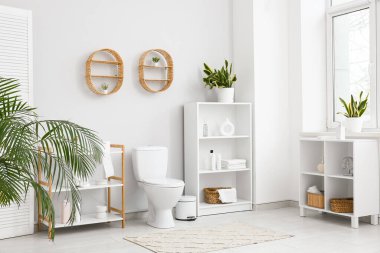 Seramik klozet ve banyo malzemeleriyle aydınlık tuvaletler.