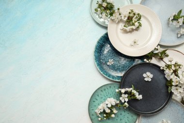 Açık mavi arkaplanda çiçek açan dalları olan farklı temiz tabakalar