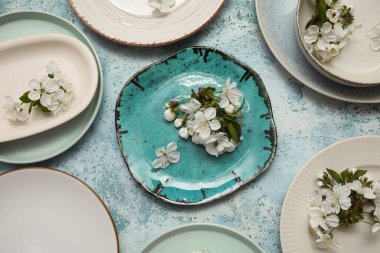 Mavi arka planda çiçek açan farklı temiz tabaklar.