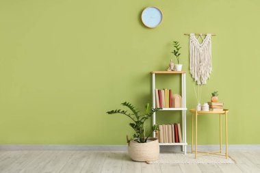 Yeşil duvarın yanında kitapları, dekorasyonu ve bitkileri olan raf ünitesi
