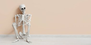 Bej duvarın yanında yerde oturan insan iskeleti. Tasarım için pankart