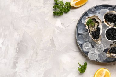 Gri arka planda siyah havyarlı lezzetli istiridye tabağı.