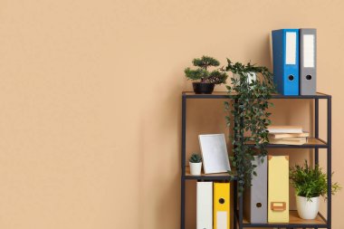Belge dizinleri ve bej duvarın yanında bitkileri olan raf ünitesi