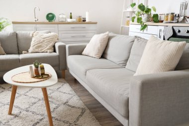 Rahat kanepeleri olan modern açık mutfak.