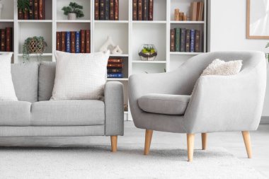 Kanepesi, koltuğu ve kitaplığı olan modern oturma odasının içinde.