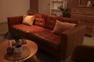 Geceleri oturma odasında minderleri olan kahverengi kanepe.