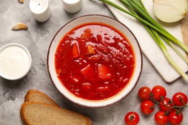 Bir kase lezzetli Ukrayna çorbası ve gri arka planda malzemeler