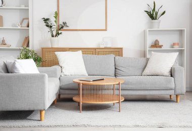 Gri kanepeli, raf üniteli ve boş çerçeveli aydınlık oturma odasının içi