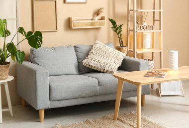 Oturma odasında çiçek, ahşap askı ve lambalar olan gri kanepe.