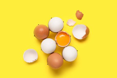 Sarı arka planda bütün ve kırılmış tavuk yumurtaları olan tutucu