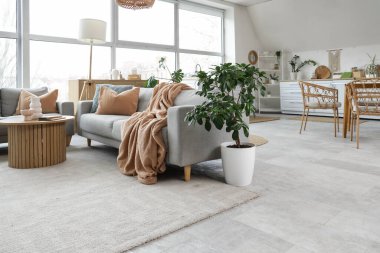 Oturma odası ve mutfağı olan şık bir stüdyo daire.