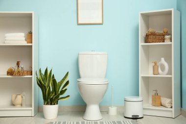 Seramik klozeti, raf ünitesi ve ev bitkisi olan şık bir tuvaletin içinde.