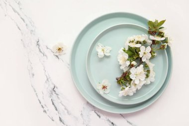 Beyaz arka planda çiçek açan dallı temiz yeşil plakalar