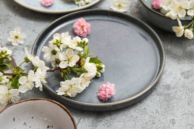 Çiçek açan dallı farklı temiz tabakalar ve gri arka planda güzel çiçekler. Yakın plan.