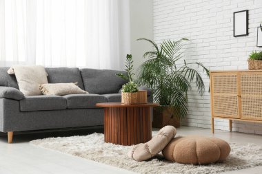 Gri kanepesi, ahşap dolabı, sehpası ve sepetleri olan şık bir oturma odası.