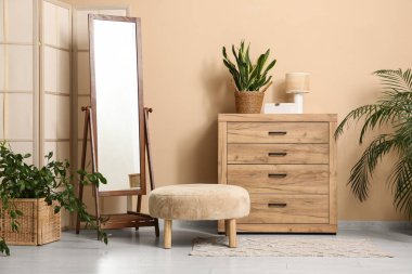 Ayna, puf ve hasır sepetlerde bitkiler olan oturma odasının içinde.