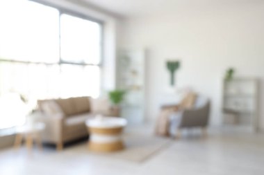 Yumuşak kanepesi, koltuğu ve rattan masası olan bulanık oturma odası.