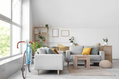 Oturma odasının içinde bisiklet, kanepe ve bitkiler var.