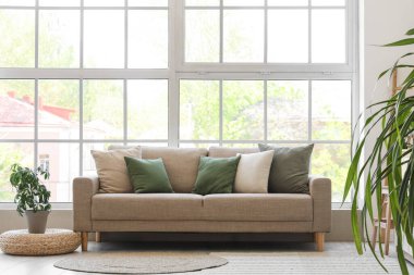 Gri kanepesi ve penceresi olan aydınlık oturma odasının içi