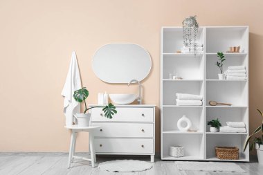 Banyonun içinde raf ünitesi, lavabo ve bitkiler var.