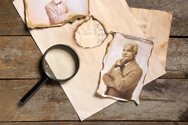 Ahşap arka planda, mektup ve büyüteçle akrabaların eski fotoğrafları. Aile ağacı kavramı