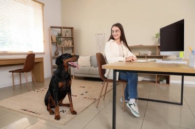 Sevimli Doberman köpeği ve güzel, mutlu, genç bir kadın iş yerinde kitabı olan.