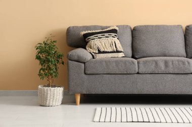 Oda da bej duvarın yanında rahat bir kanepe ve çiçek var.