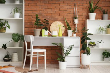 Atölyedeki tuğla duvarın yanında raf üniteleri, bitkiler ve bahçe aletleri olan çalışma yeri