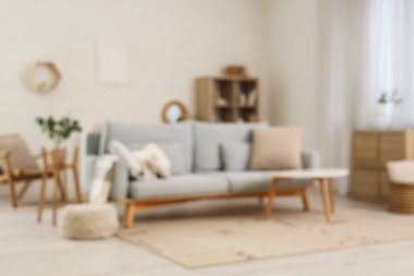 Gri kanepe, masa ve raf ünitesiyle oturma odasının bulanık görüntüsü