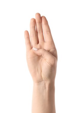 Beyaz arka planda dört parmak gösteren bir kadın el.