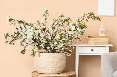 Oturma odasında dalları olan sepet.