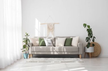 Aydınlık oturma odasının içinde gri kanepe ve bitkiler var.