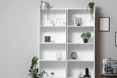 İçinde raf ünitesi, masa ve bitkiler olan ışık odasının içi.