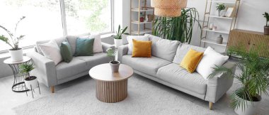 Yeşil bitkilerle, kanepelerle ve masalarla aydınlık oturma odasının içinde.