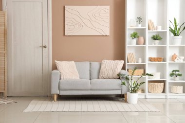 Konforlu kanepe, ev bitkisi ve oturma odasının içindeki raf ünitesi.