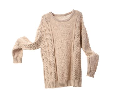 Uçan bej süveter beyaz arkaplanda izole edildi