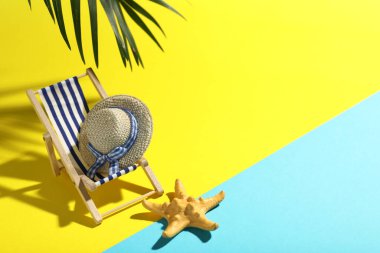 Mini güverte koltuğu, hasır şapka, denizyıldızı ve arka planda palmiye yaprağı