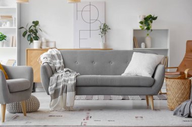 Gri kanepe, koltuk ve bitkilerle aydınlık oturma odasının içinde.