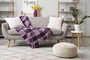 Rahat kanepesi ve güzel mimoza çiçekleri olan modern oturma odasının şık bir iç mekanı.