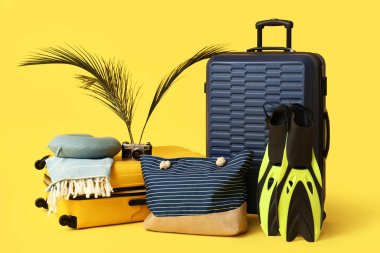 Plaj aksesuarları, bavullar, fotoğraf makinesi ve arka planda avuç içi yaprakları.