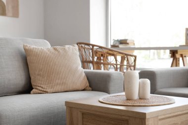 Süslü oturma odasındaki gri kanepenin yanındaki sehpanın üzerinde dekoratif vazolar.