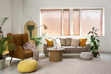 Şık bir oturma odası, rahat gri kanepe, kahverengi koltuk ve kahve masası.