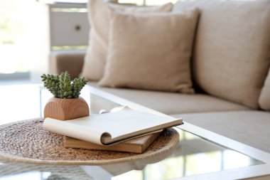 Oturma odasındaki cam sehpanın üzerinde defterler var, yakın plan.