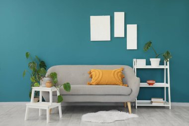 Gri kanepe, raf ünitesi ve Monstera bitkileriyle oturma odasının içinde.