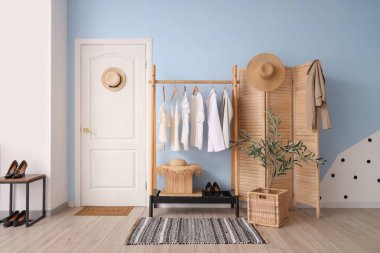 Salonda dekoratif zeytin ağacı olan raflar, ayakkabılar ayakta ve katlanan ekran