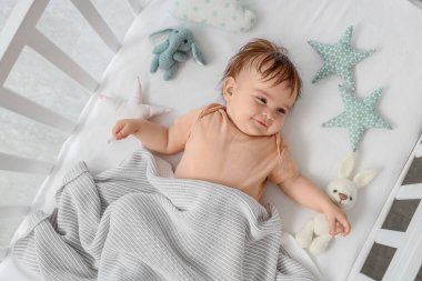 Kareli ve oyuncaklarla beşikte uzanmış şirin bir bebek.