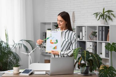 Ofisteki masasında pano ve rüzgar türbini modeli olan kadın mühendis.