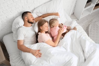Ebeveynler ve oyuncak ayılı küçük kızları yatak odasında battaniyenin altında uyuyorlar.